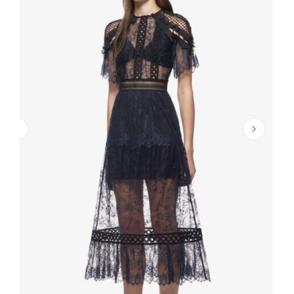 Self-Portrait Navy Lace Frill Midi Dress SP13-056 Size 4 Elegant Cocktail - Picture 1 of 16